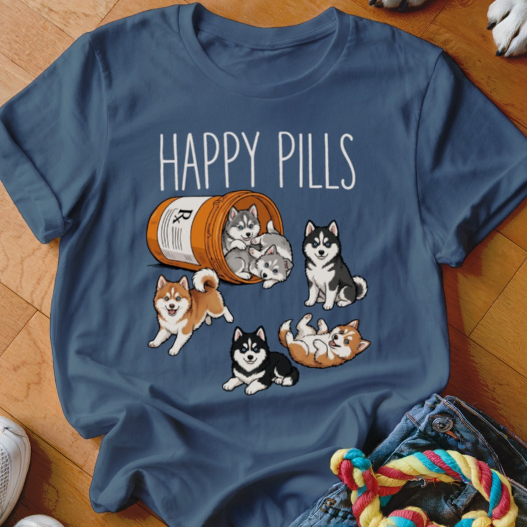 Several husky puppies spill out of a prescription bottle labeled "Happy Pills".