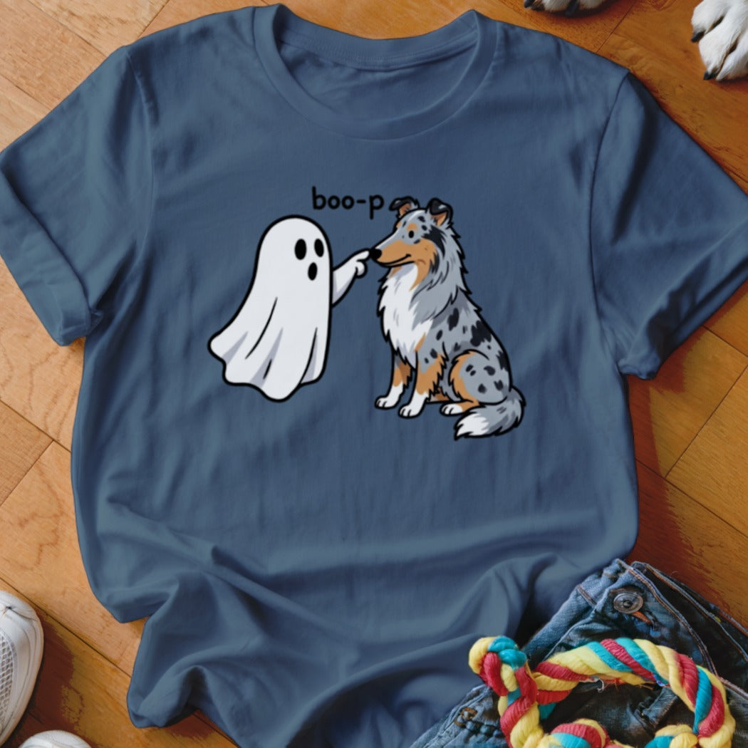 Cute ghost booping a blue merle Australian Shepherd with text "boo-p".