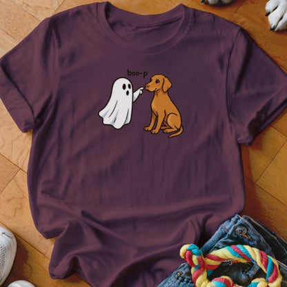 Ghost booping a seated dog with text "boo-p" on a maroon t-shirt.