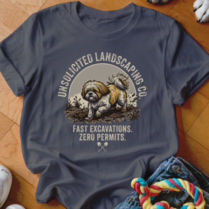 Shih Tzu dog on dirt with text "Unsolicited Landscaping Co." and "Fast Excavations. Zero Permits."