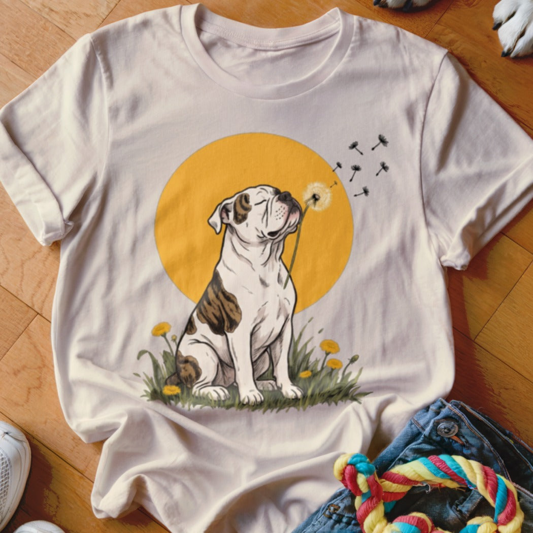 A beige t-shirt featuring an illustrated brindle and white bulldog blowing dandelion seeds against a yellow sun.