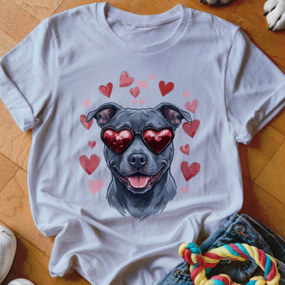 White crewneck t-shirt featuring a graphic of a smiling gray dog wearing heart-shaped sunglasses surrounded by pink and red hearts.