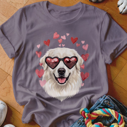 A purple t-shirt featuring a graphic of a golden retriever wearing heart-shaped sunglasses surrounded by pink and red hearts.