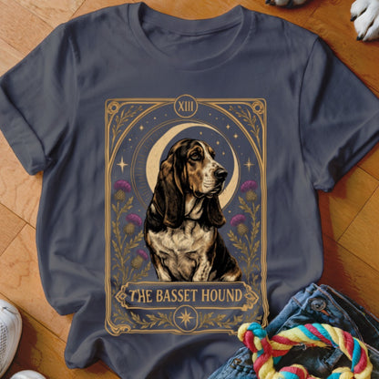 Dark gray t-shirt featuring a tarot card style graphic of a Basset Hound.