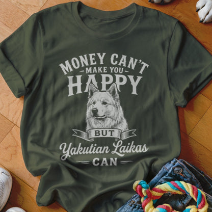 Green t-shirt with text and a Yakutian Laika dog graphic.