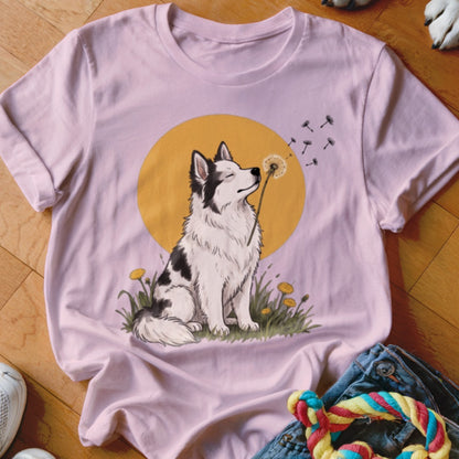 Light pink t-shirt featuring an illustration of a black and white dog blowing a dandelion.