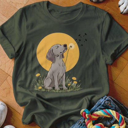 Dark green short-sleeved t-shirt featuring a graphic of a grey puppy blowing dandelion seeds against a yellow circle background.