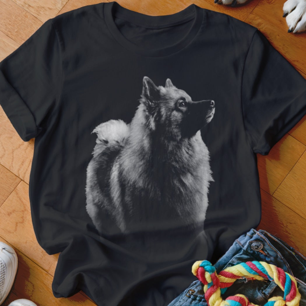 Black t-shirt with grayscale portrait of a fluffy dog on the front.