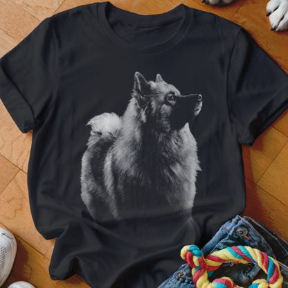 Black t-shirt with grayscale portrait of a fluffy dog on the front.