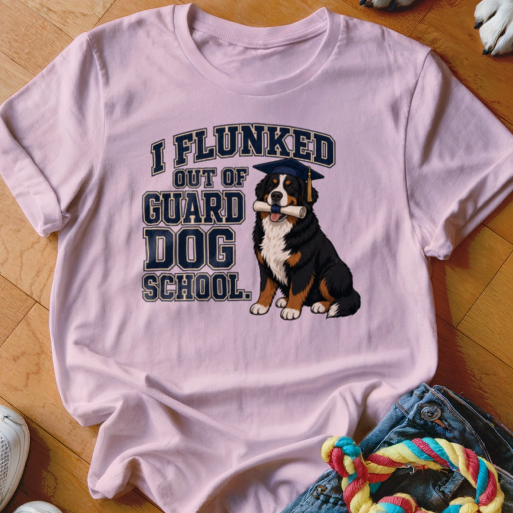 Bernese Mountain Dog in graduation cap holding diploma, text "I FLUNKED OUT OF GUARD DOG SCHOOL".