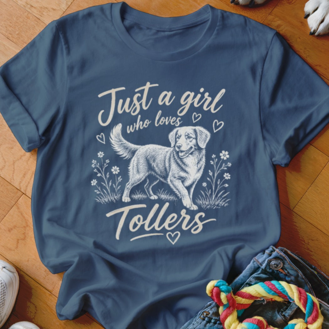 T-shirt with "Just a girl who loves Tollers" and dog graphic.
