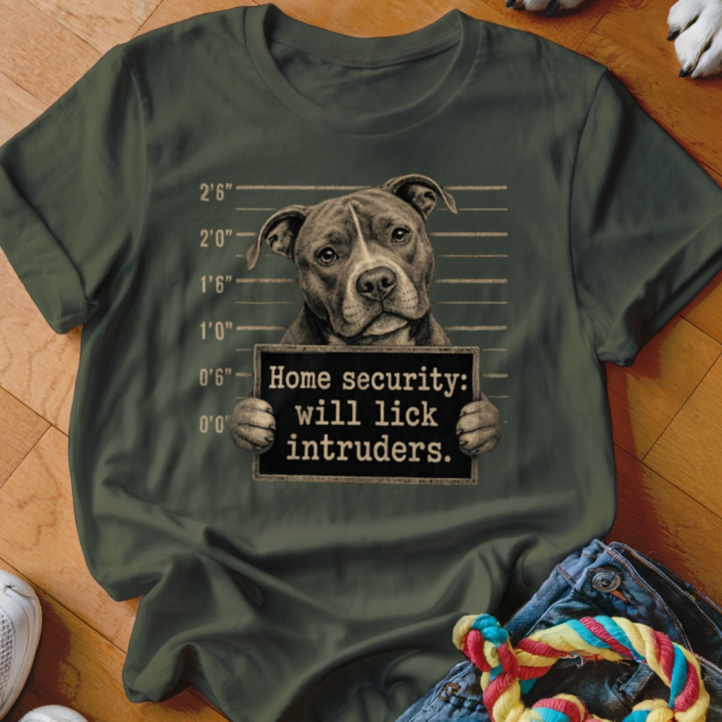 Pit bull mugshot with text: Home security: will lick intruders.