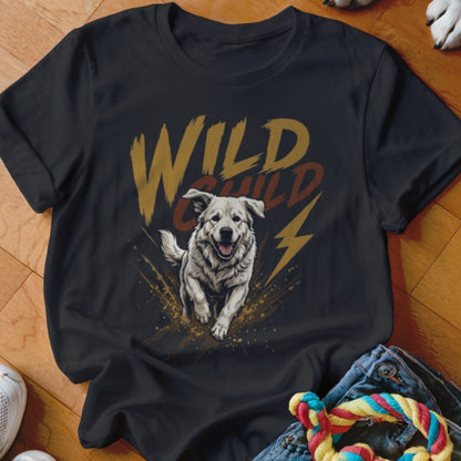Black t-shirt featuring a graphic of a running white dog and text reading WILD CHILD.