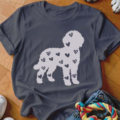Dark grey t-shirt with a white silhouette of a dog covered in hearts.