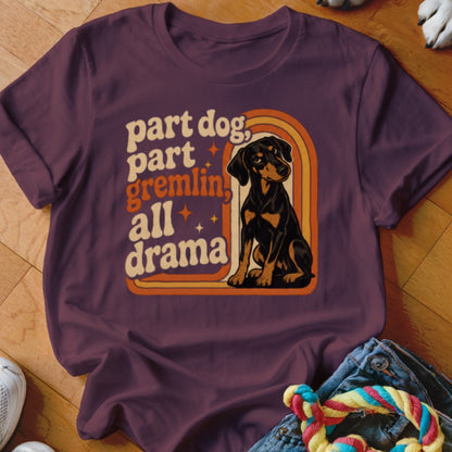 Dark dog with text "part dog, part gremlin, all drama" and retro rainbow design.