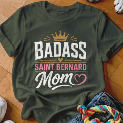 Green t-shirt with text "BADASS SAINT BERNARD Mom" and a crown.