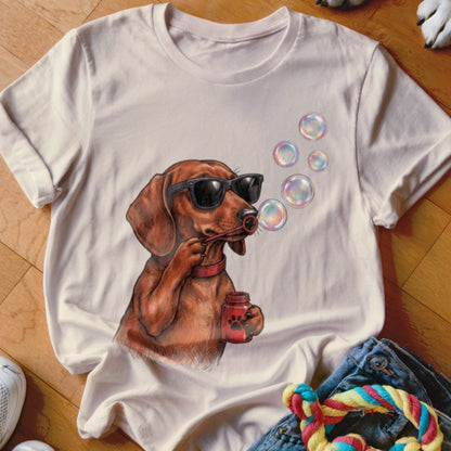Beige t-shirt featuring a cartoon dachshund wearing sunglasses and blowing colorful bubbles.