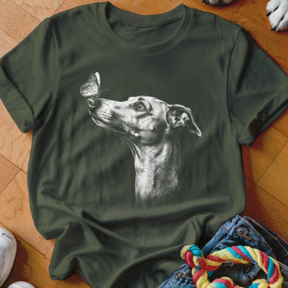 Dark green t-shirt featuring a detailed white graphic of an Italian Greyhound looking at a butterfly on its nose.