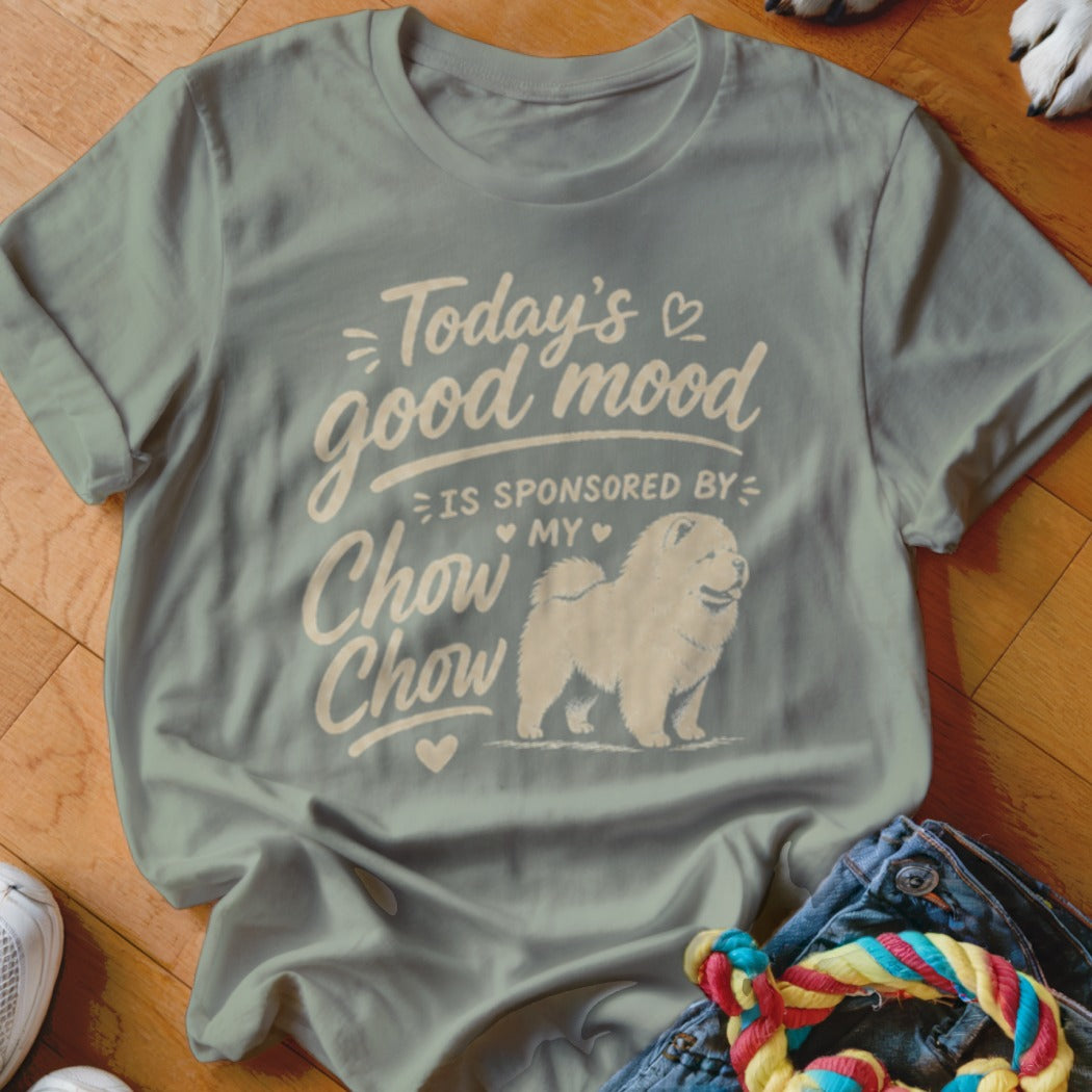 "Today's good mood is sponsored by my Chow Chow" text on t-shirt with dog graphic.