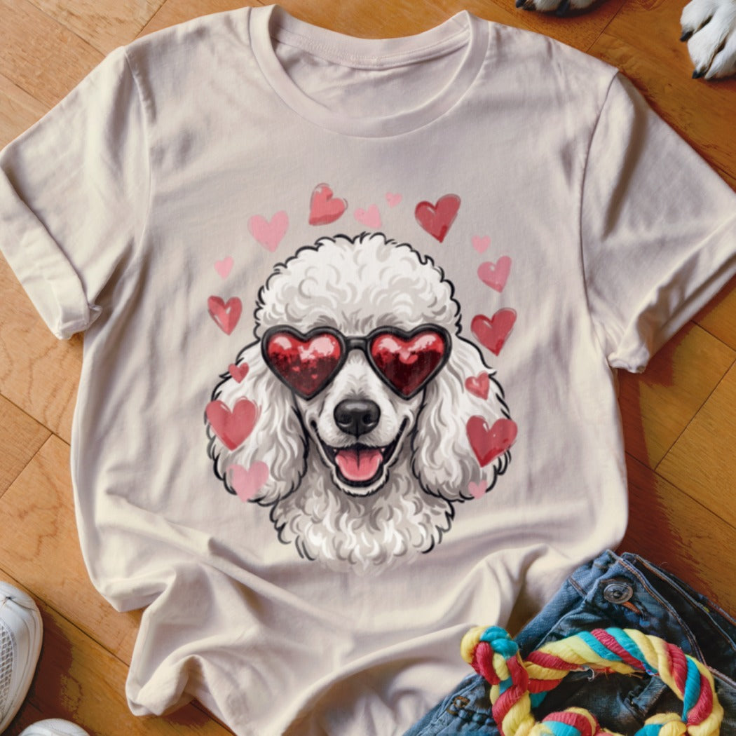 A light beige t-shirt featuring a graphic of a white poodle wearing heart-shaped sunglasses surrounded by pink hearts.