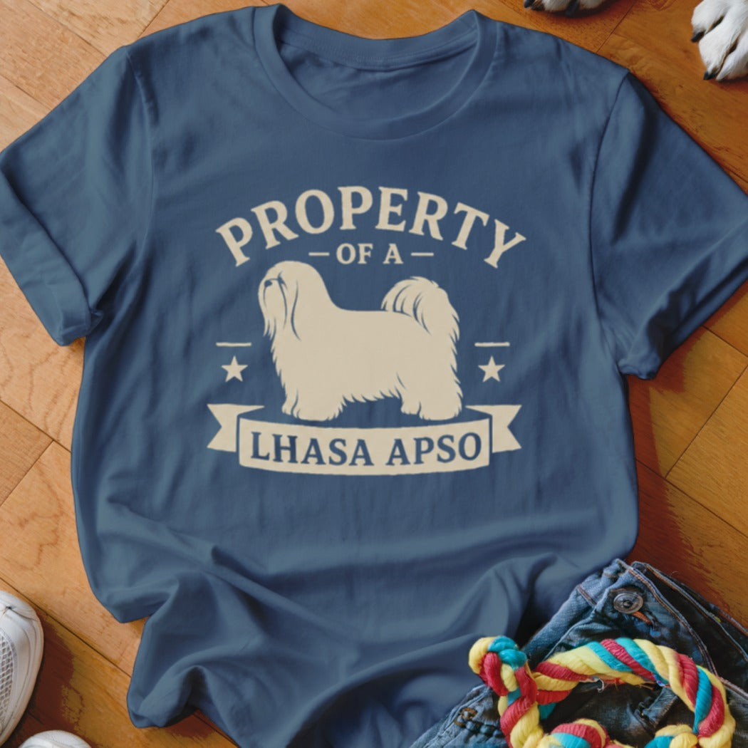 Blue t-shirt with "Property Of A Lhasa Apso" and a dog silhouette.