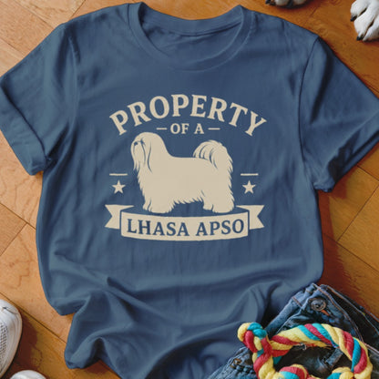 Blue t-shirt with "Property Of A Lhasa Apso" and a dog silhouette.