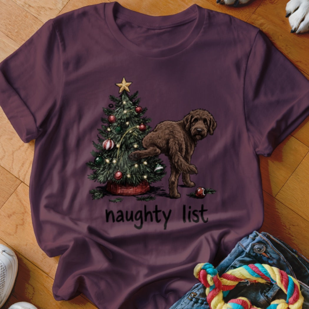 Brown dog next to Christmas tree with "naughty list" text.