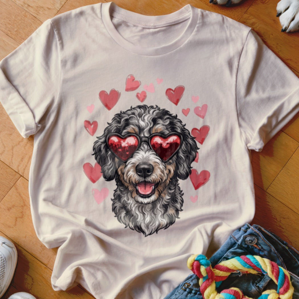Cream t-shirt featuring an illustration of a fluffy grey dog wearing heart-shaped sunglasses, surrounded by pink hearts.