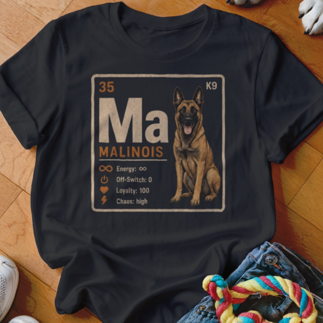 Black t-shirt with periodic table design for Malinois dogs.