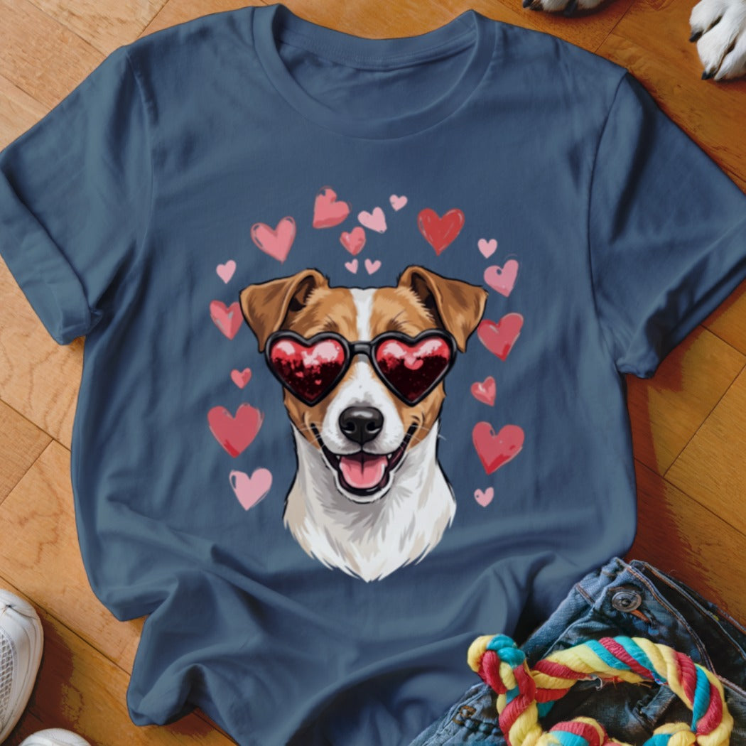 Dark blue t-shirt featuring a Jack Russell Terrier wearing heart-shaped sunglasses surrounded by floating pink hearts.