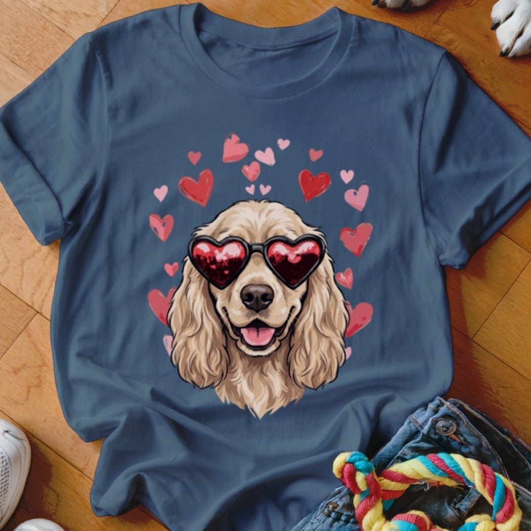 Blue t-shirt featuring an illustration of a golden cocker spaniel wearing heart-shaped sunglasses surrounded by pink hearts.