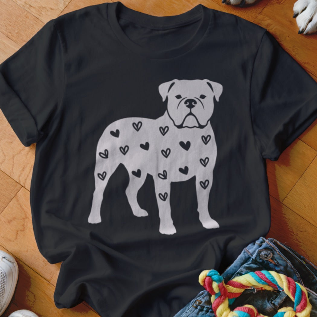 Black t-shirt with a white bulldog silhouette covered in small black hearts.
