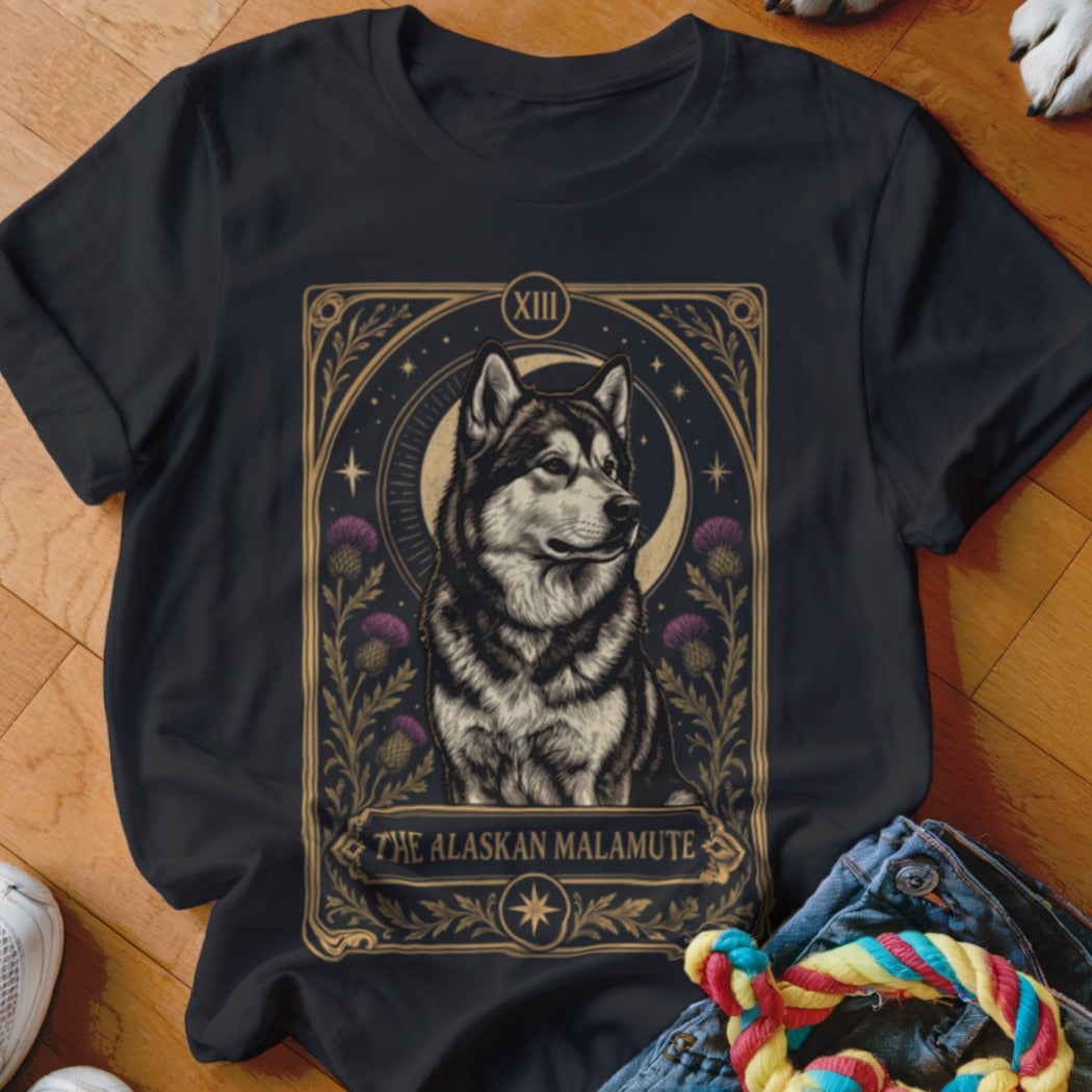 Black t-shirt featuring an ornate tarot card design centered on an Alaskan Malamute.