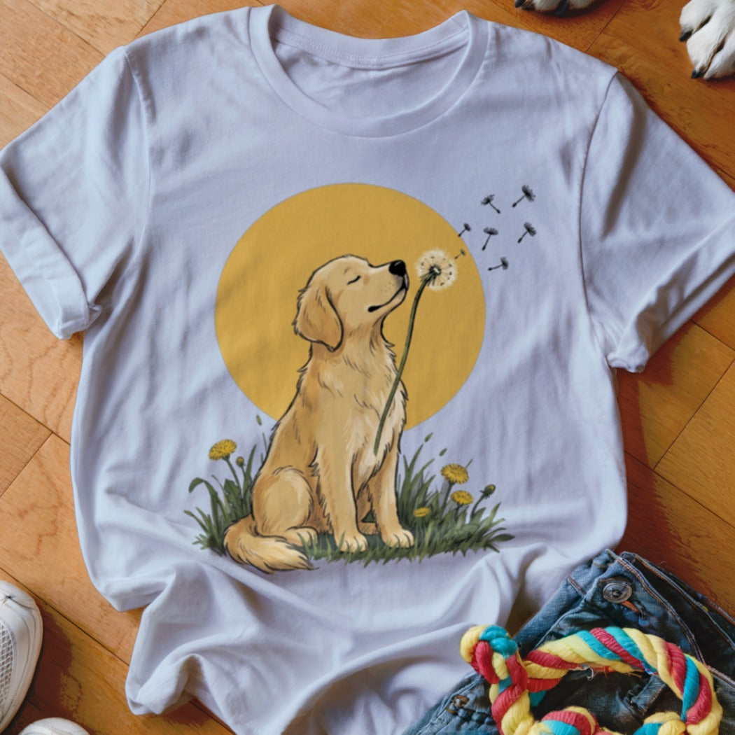 White crewneck t-shirt featuring a golden retriever sniffing a dandelion against a yellow sun graphic.