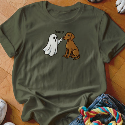 Ghost playfully boops a brown dog with the text "boo-p" above.