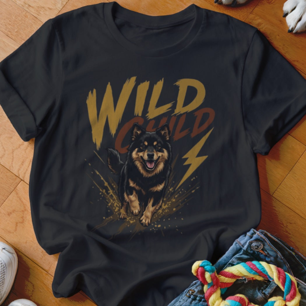 Black t-shirt featuring a graphic of a running dog and the text Wild Child.