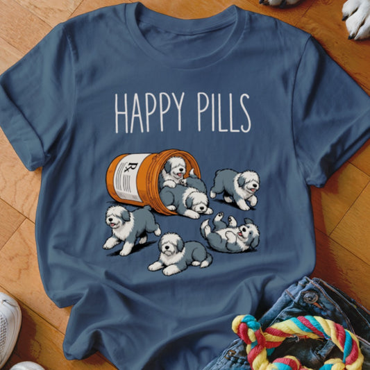T-shirt with "Happy Pills" text and cartoon Old English Sheepdogs spilling from a medicine bottle.