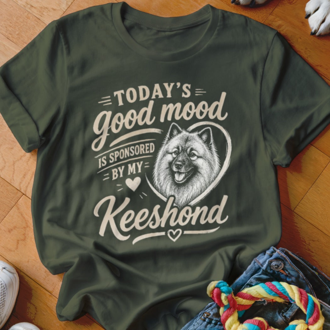 Keeshond dog graphic on olive green t-shirt: "Today's good mood is sponsored by my Keeshond."