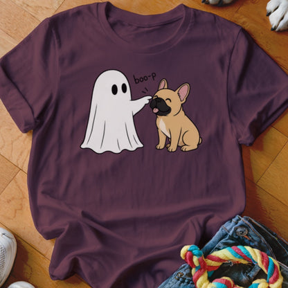Illustration of a ghost poking a French Bulldog with text "boo-p".