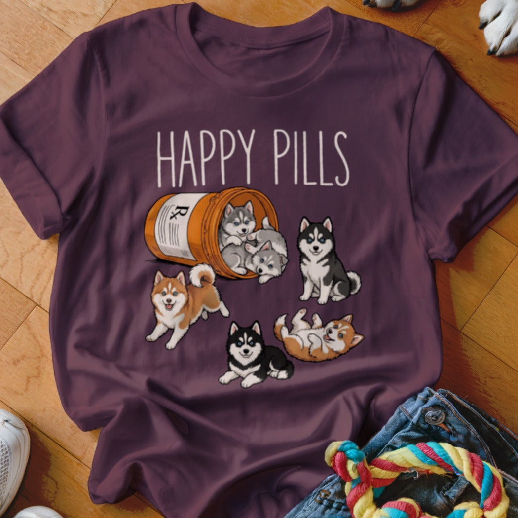 Husky puppies spilling from a pill bottle with text "HAPPY PILLS."