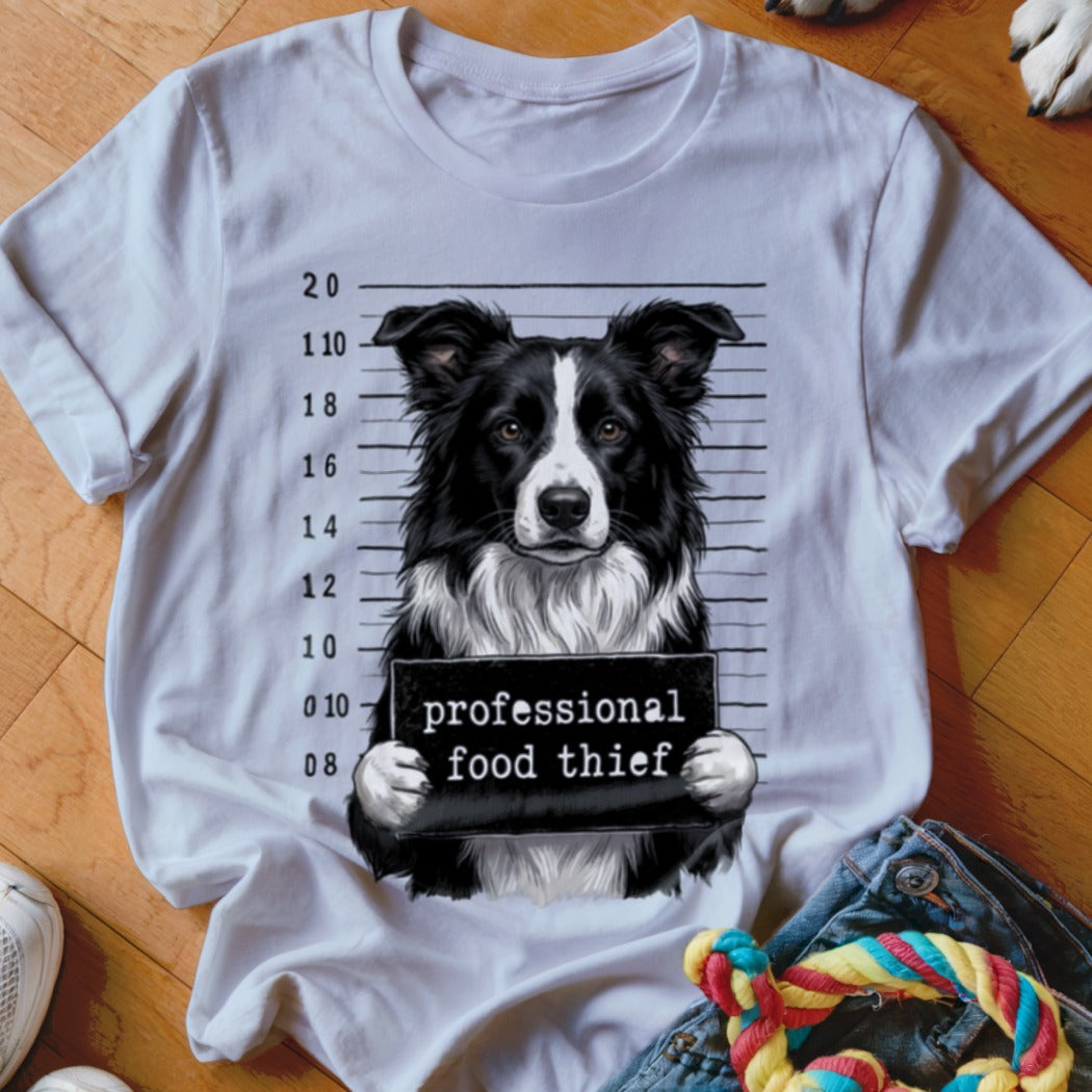 Border collie dog in mugshot holding "professional food thief" sign.