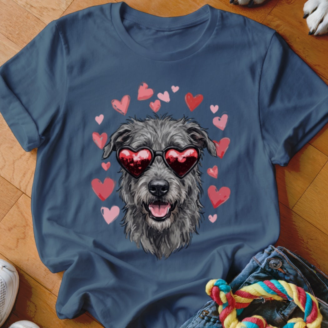 Dark blue t-shirt featuring a graphic of a scruffy grey dog wearing heart-shaped sunglasses, surrounded by pink and red hearts.