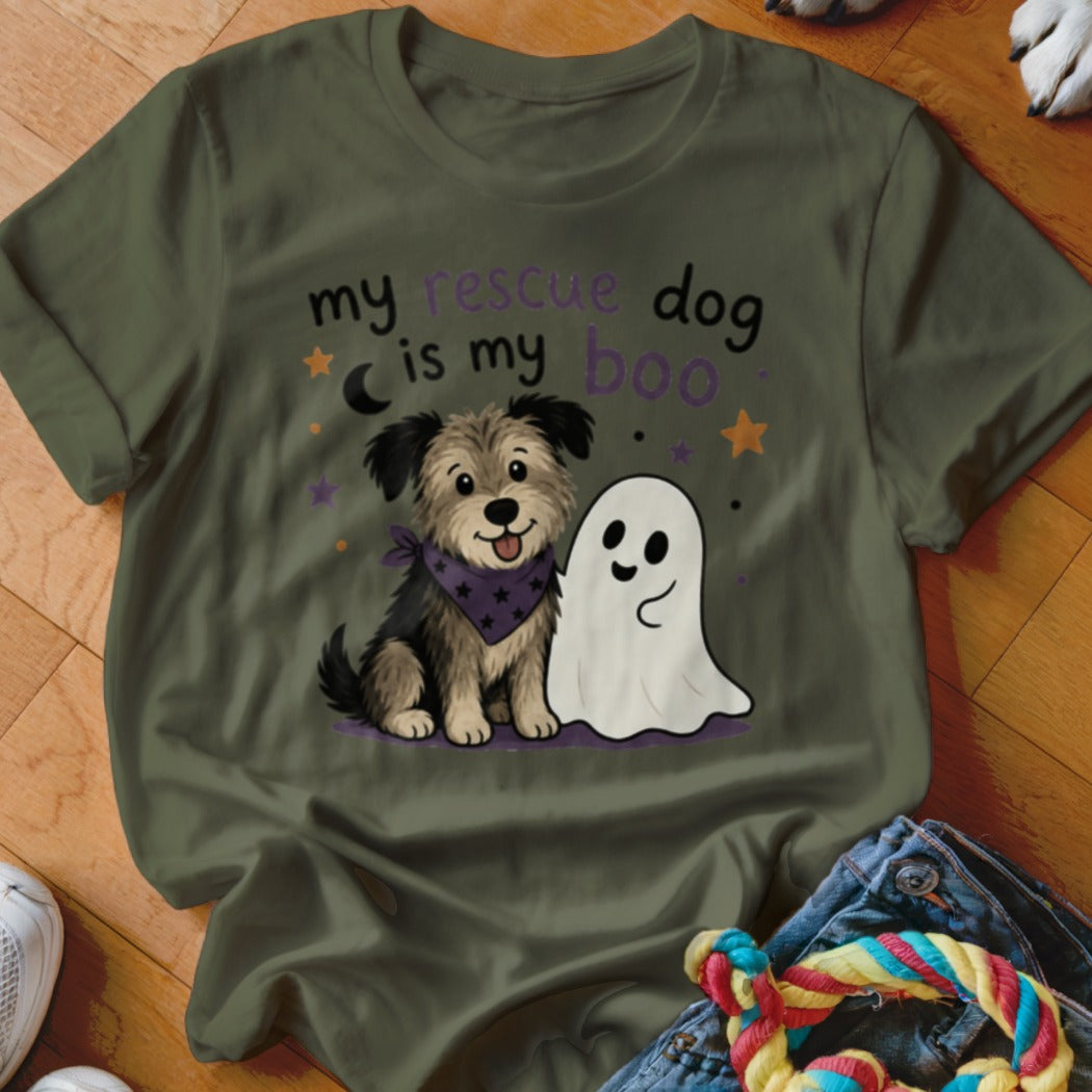 Shaggy dog and ghost graphic with text "my rescue dog is my boo" on olive green shirt.