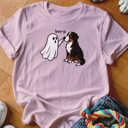 Pink t-shirt with cartoon ghost booping dog, text "boo-p".