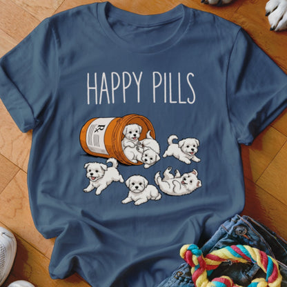 T-shirt with "HAPPY PILLS" text and playful Maltese puppies spilling from a prescription bottle.