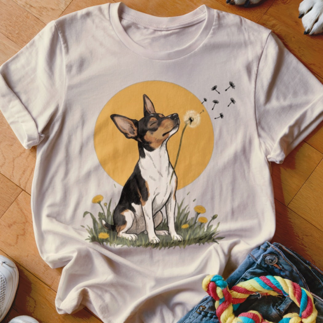 A light-colored t-shirt with an illustration of a small dog blowing dandelion seeds against a yellow sun.