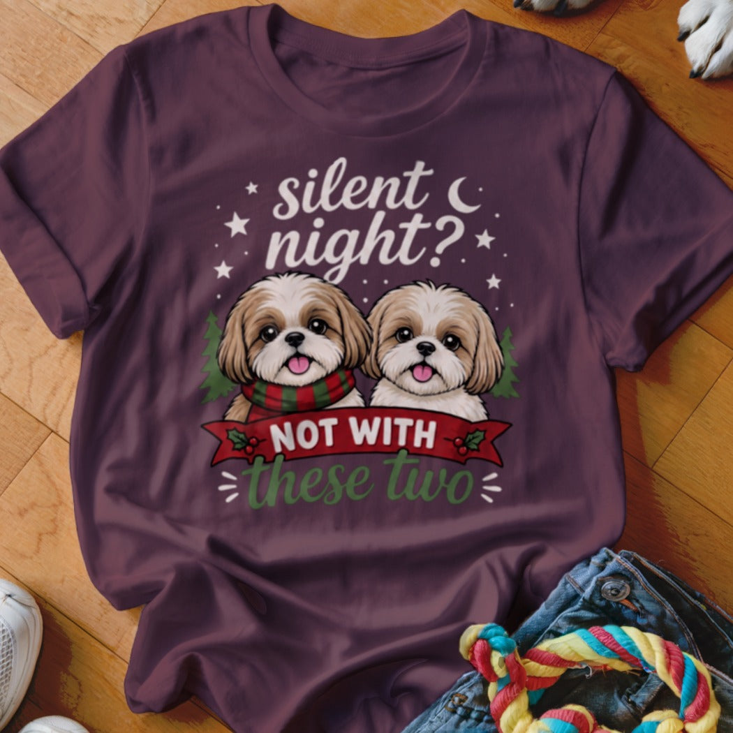 Shih Tzus wearing a scarf with text "silent night? NOT WITH these two".