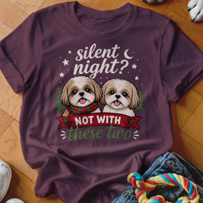 Shih Tzus wearing a scarf with text "silent night? NOT WITH these two".