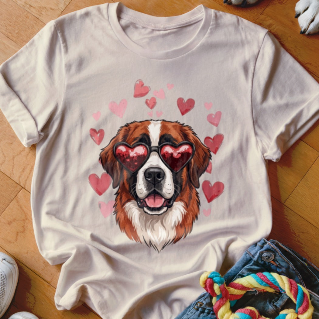 Beige t-shirt featuring a graphic of a Saint Bernard dog wearing heart-shaped sunglasses, surrounded by pink hearts.