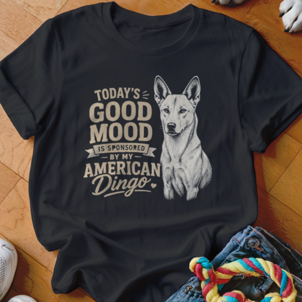Black t-shirt with "Today's Good Mood Is Sponsored By My American Dingo" text and dog illustration.